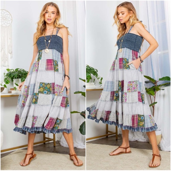 Boho Floral Patchwork Colorful Pockets Denim Jean Dress